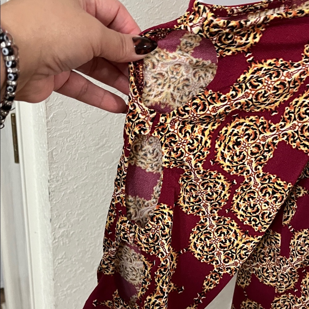 Bold Elements Burgundy And Gold Patterned Blouse - image 3